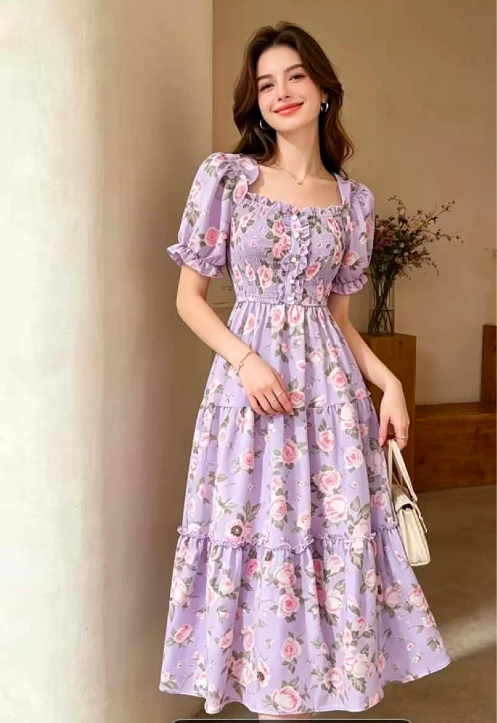 Purple Floral Puff Sleeve Tiered Maxi Dress - photo 4
