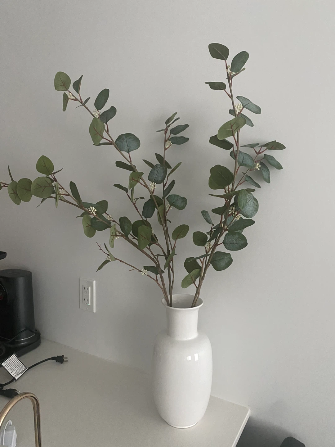 Artificial Eucalyptus Stems in White Vase