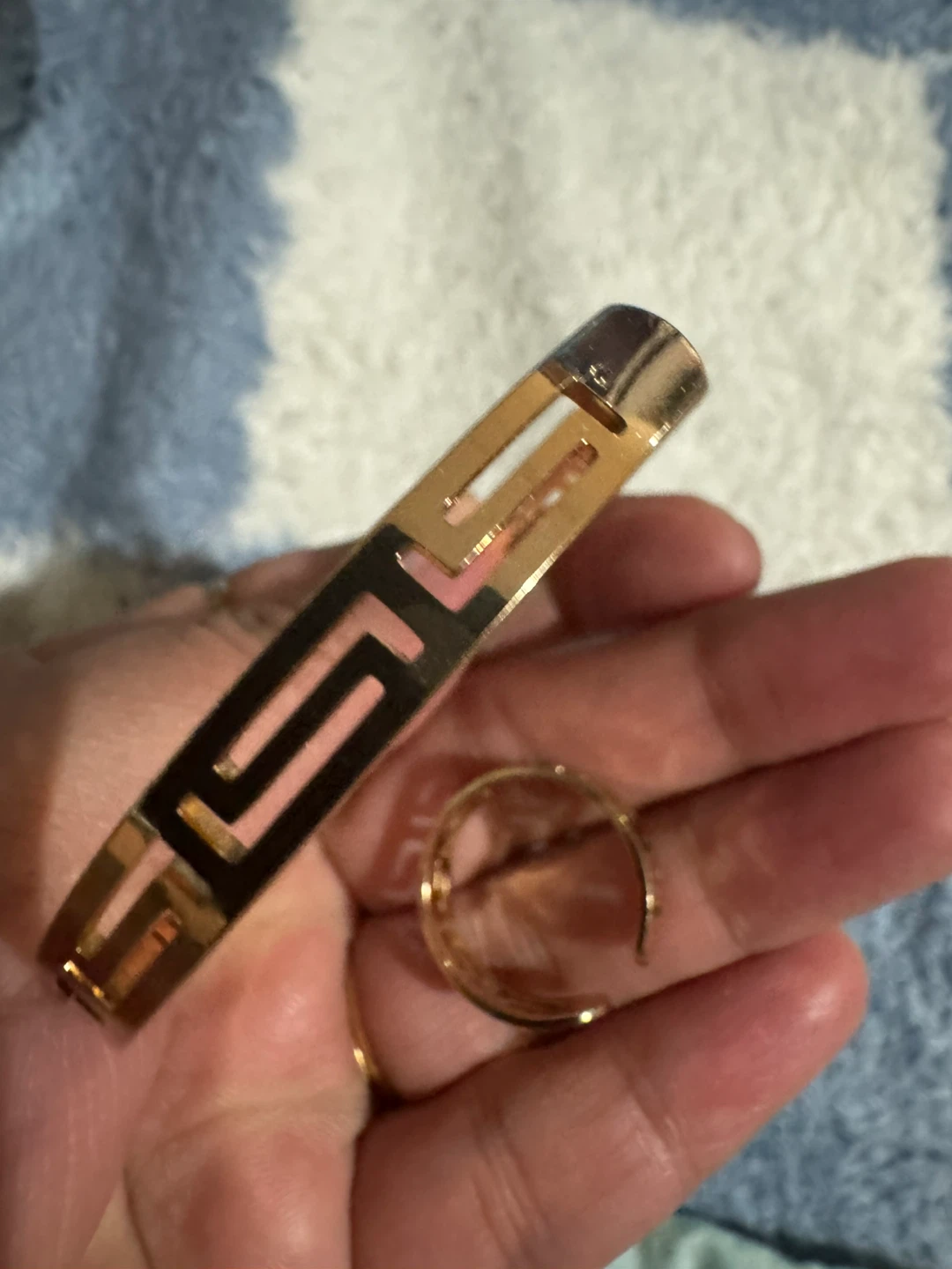 Gold Tone Greek Key Cuff Bracelet and Ring Set