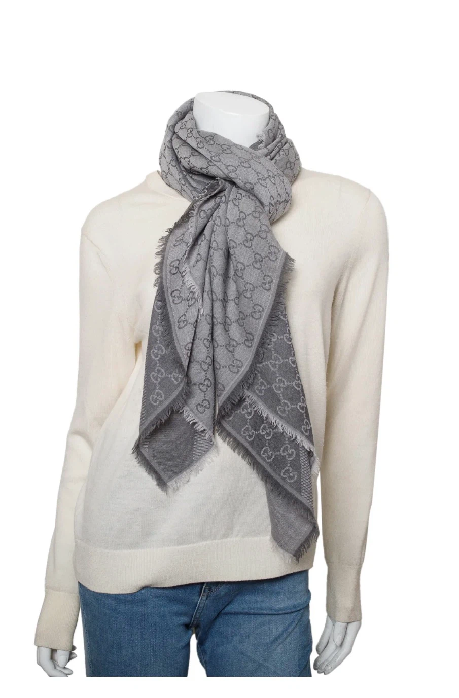 Gucci Grey GG Jacquard Wool Silk Shawl Scarf