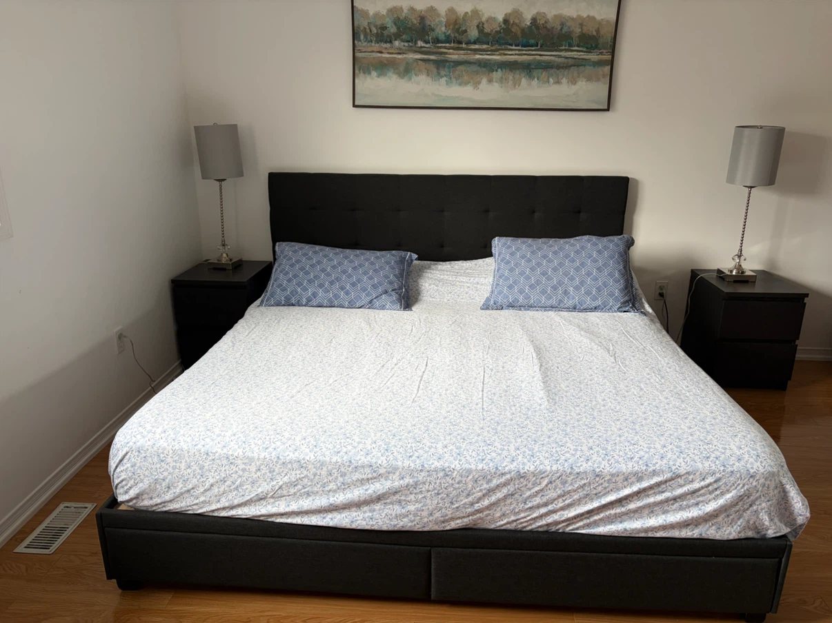 Dark Grey Upholstered Bed Frame with Headboard and mattress