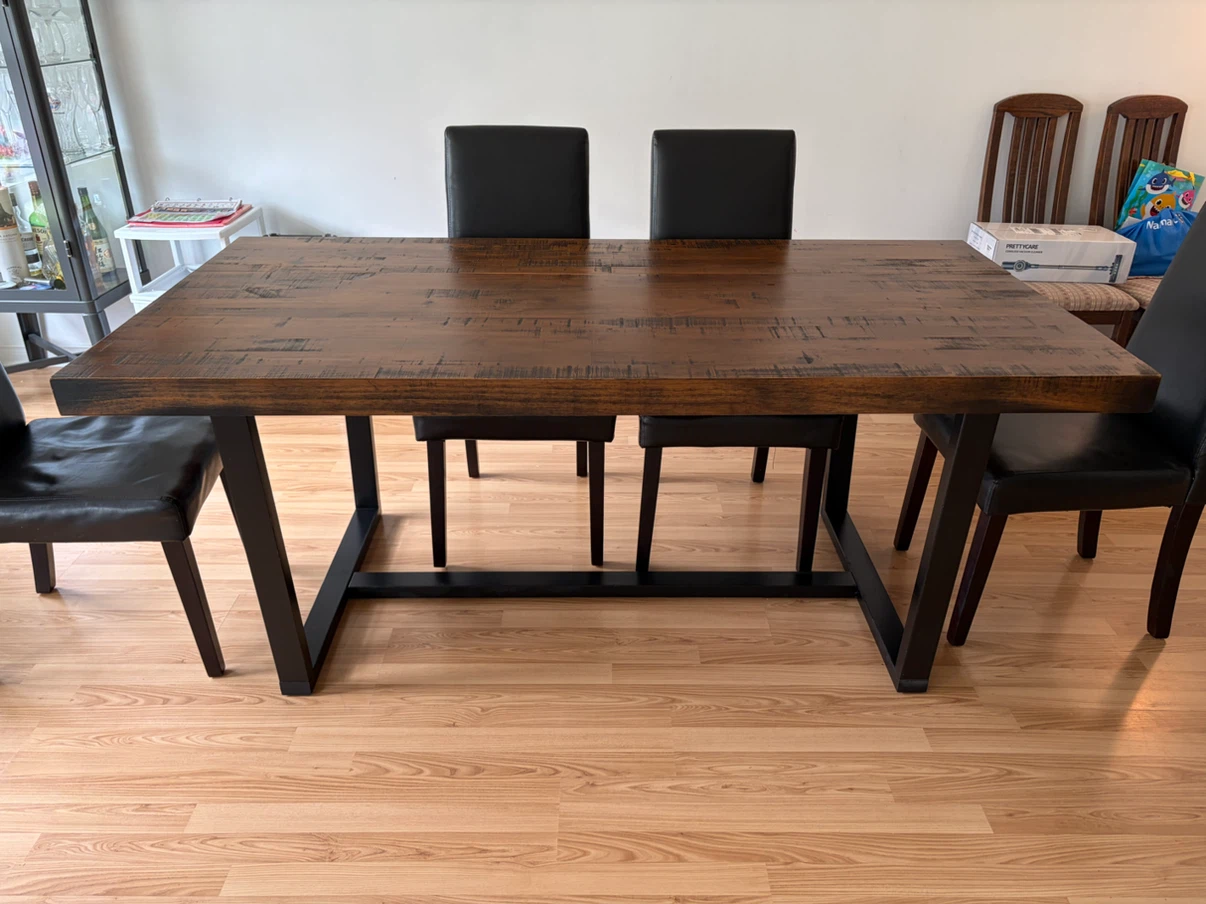 Rustic Wood Dining Table with Black Metal legs and 6 chairs