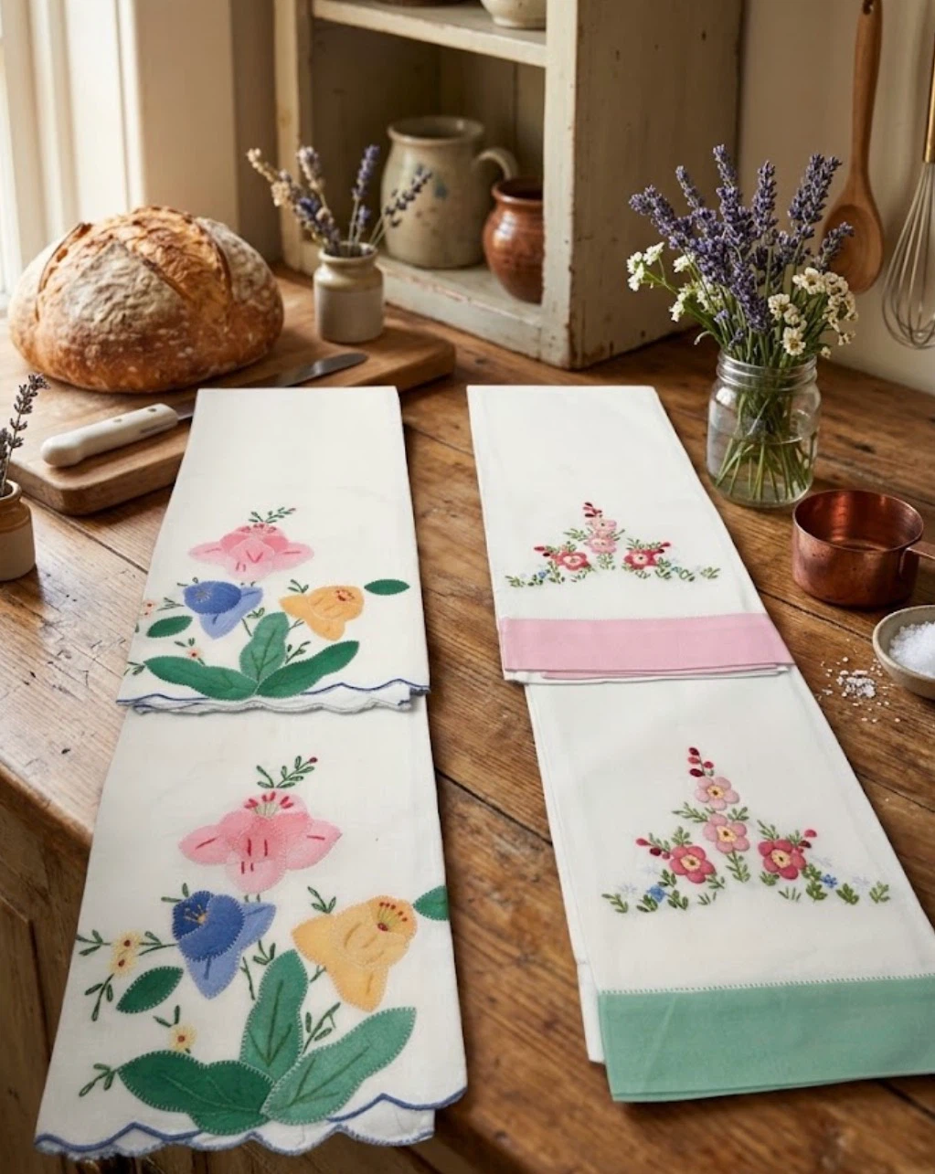Set of 4 VTG Hand-Embroidered & Appliqué Guest Towels - Unused