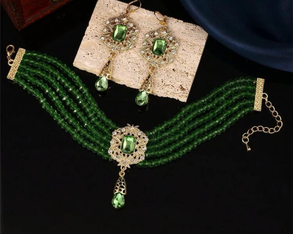 Green Beaded Necklace and Earring Set