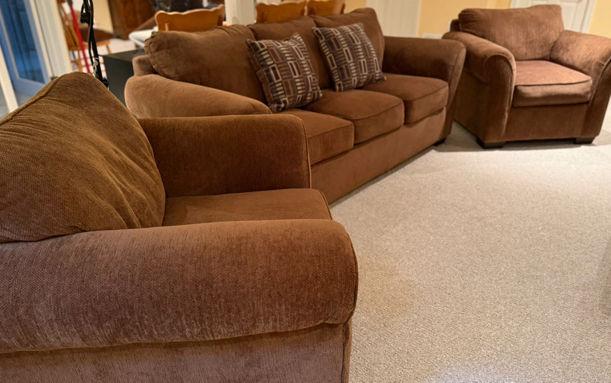 3-piece brown fabric sofa and armchair set