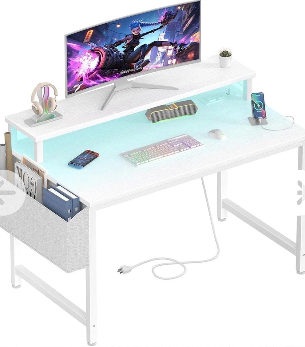 White Gaming Desk with LED Lights and Storage