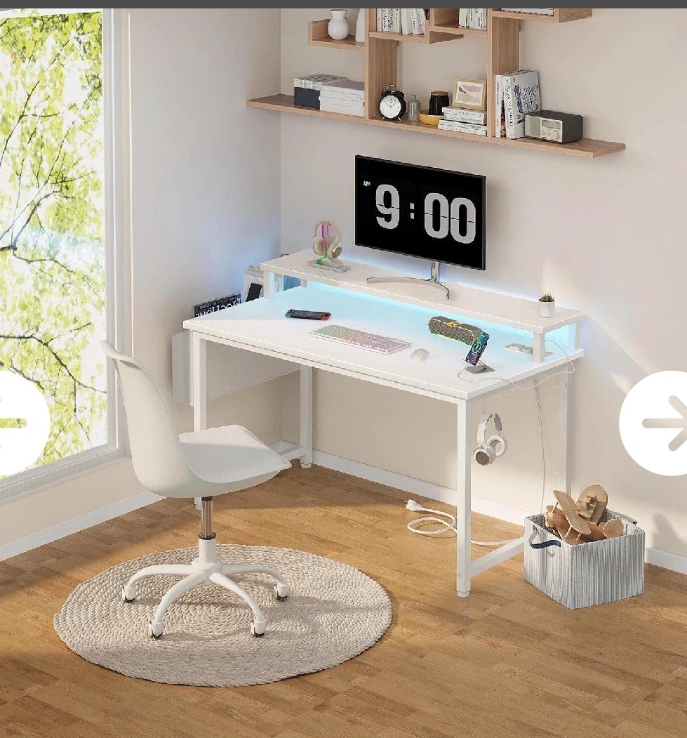 White Gaming Desk with LED Lights and Storage - photo 2