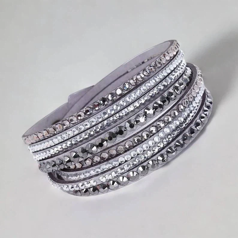Grey Leather Wrap Bracelet with Crystals, Swarovski - photo 3