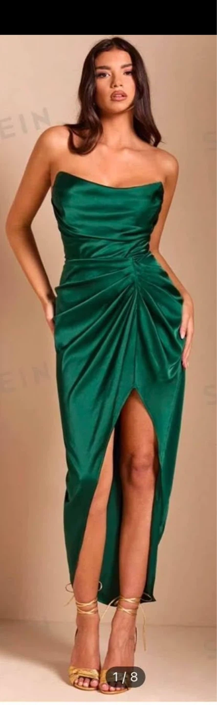 Brand New Green Satin Strapless Maxi Dress. Size Large