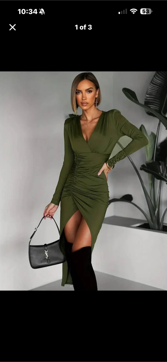Brand New Olive Green Ruched Midi Dress. Size Med