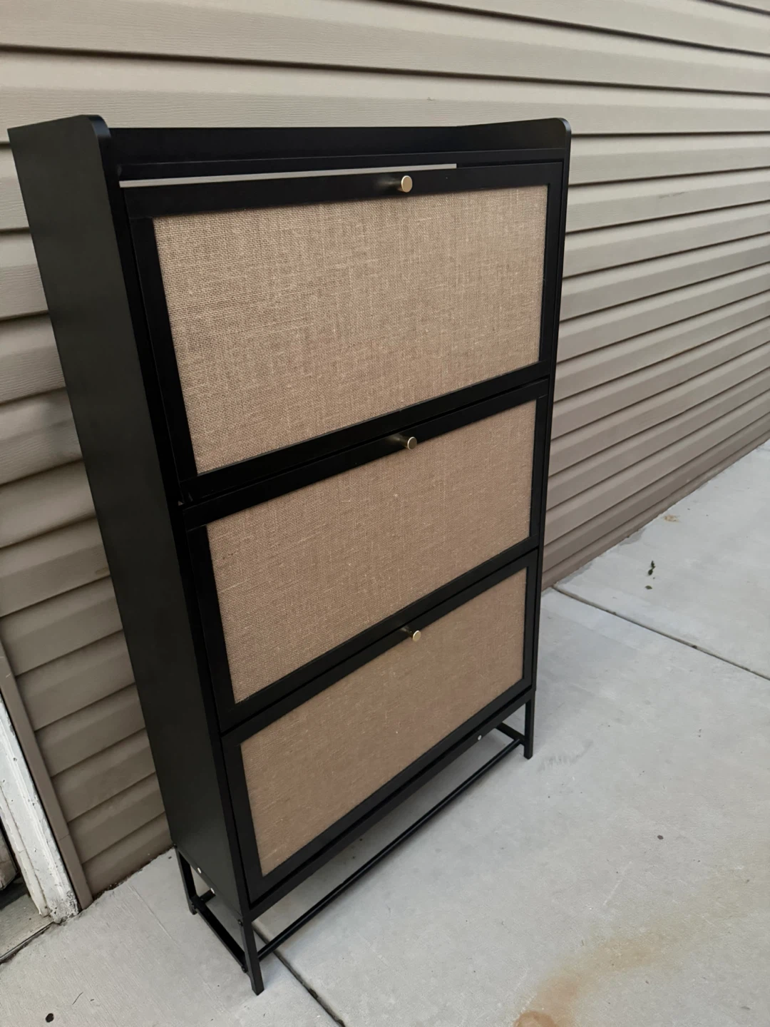 Black 3-Tier Shoe Cabinet with Burlap Fronts