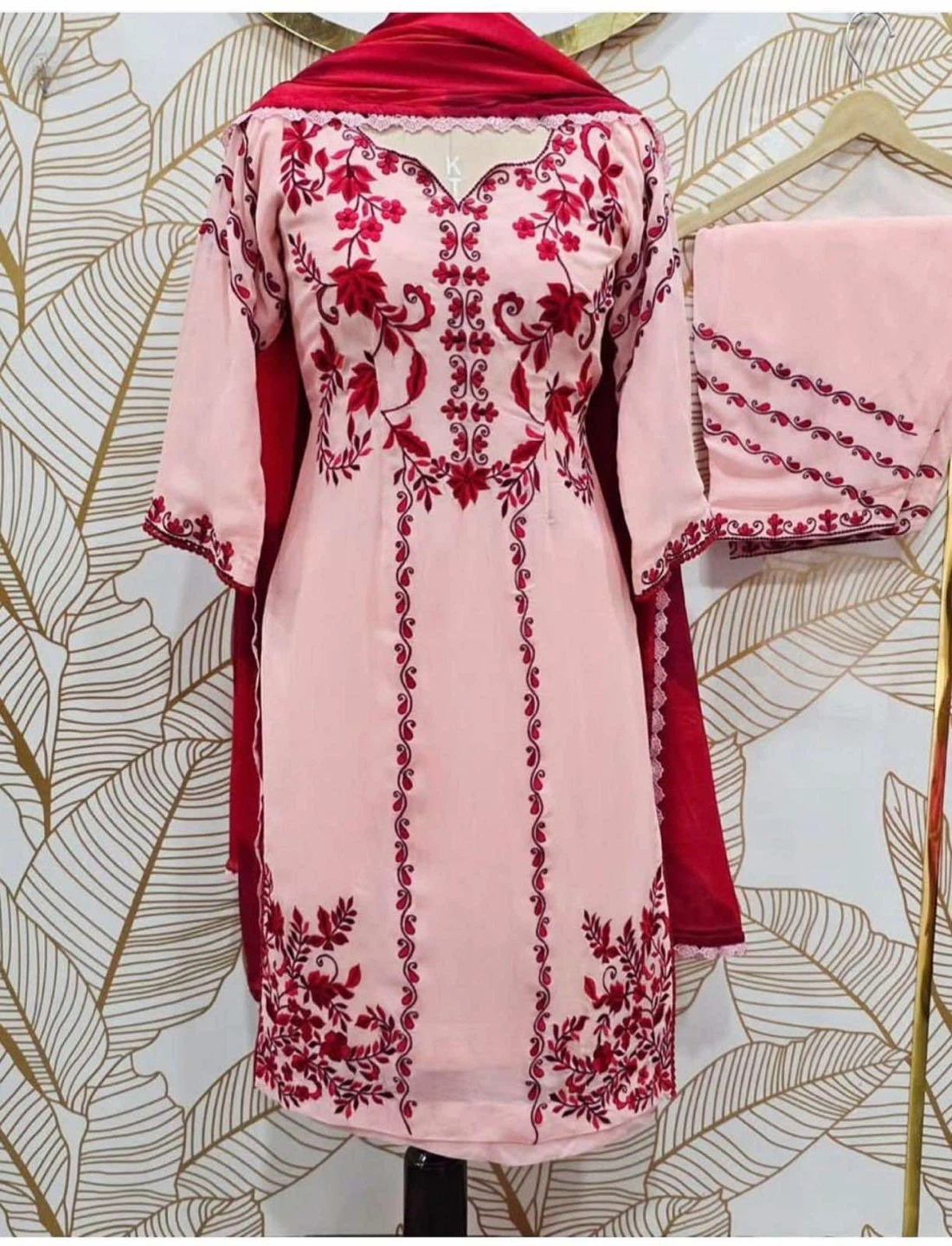 Women's Pink and Red Embroidered 3-Piece Suit