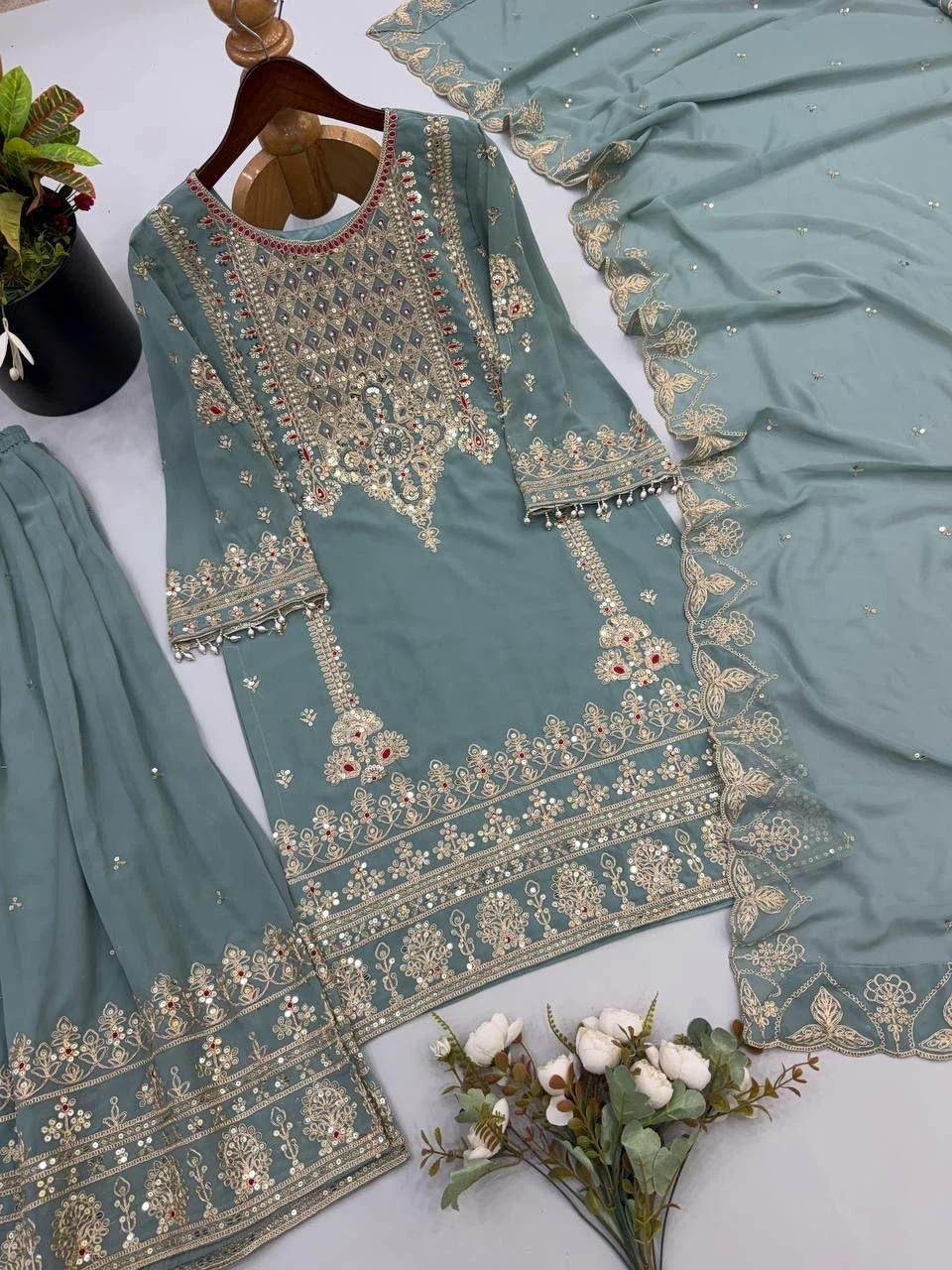 Embroidered Kurti with Dupatta and Pants