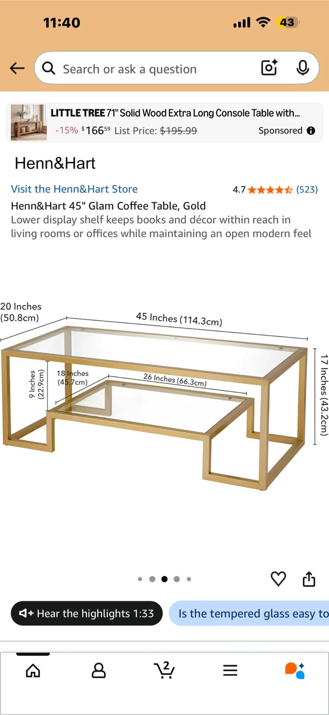 Henn&Hart 45" Glam Coffee Table, Gold