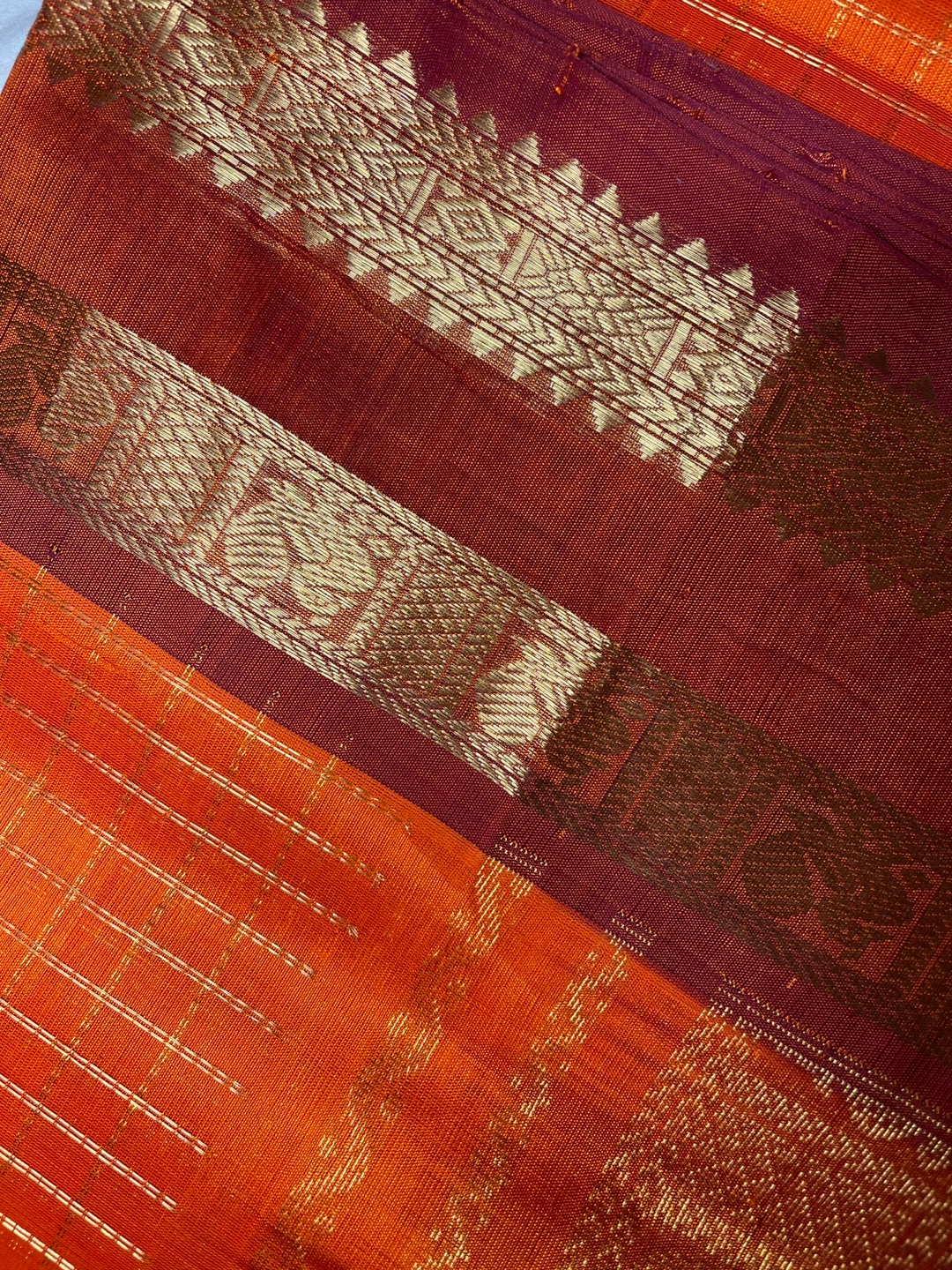 Orange and Red Saree with Gold Zari Border - photo 2
