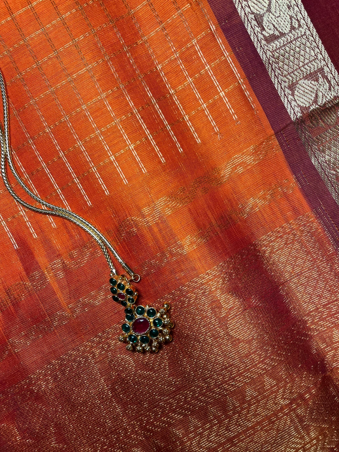 Orange and Red Saree with Gold Zari Border - photo 4