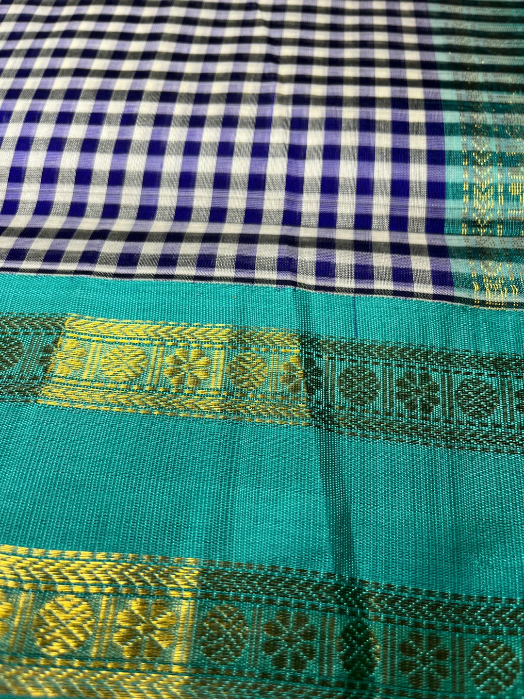 Teal & Gold Gingham silk cotton Saree - photo 2