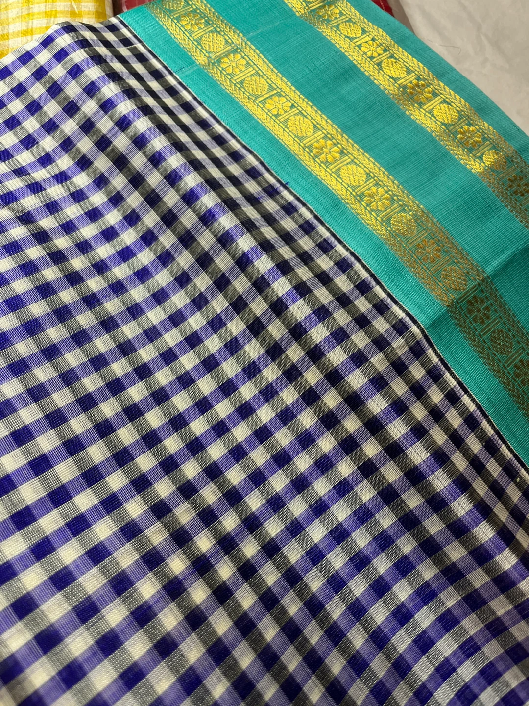 Teal & Gold Gingham silk cotton Saree - photo 3