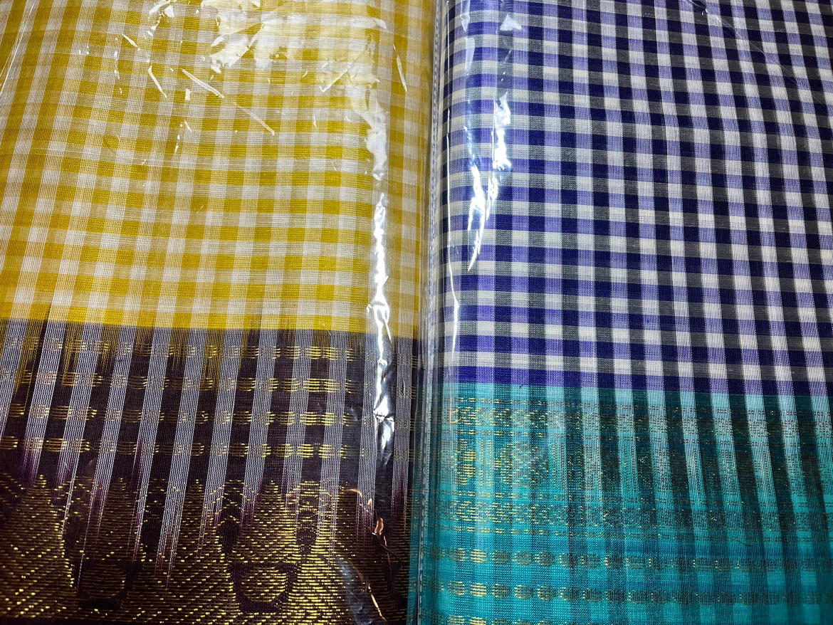 Teal & Gold Gingham silk cotton Saree - photo 4