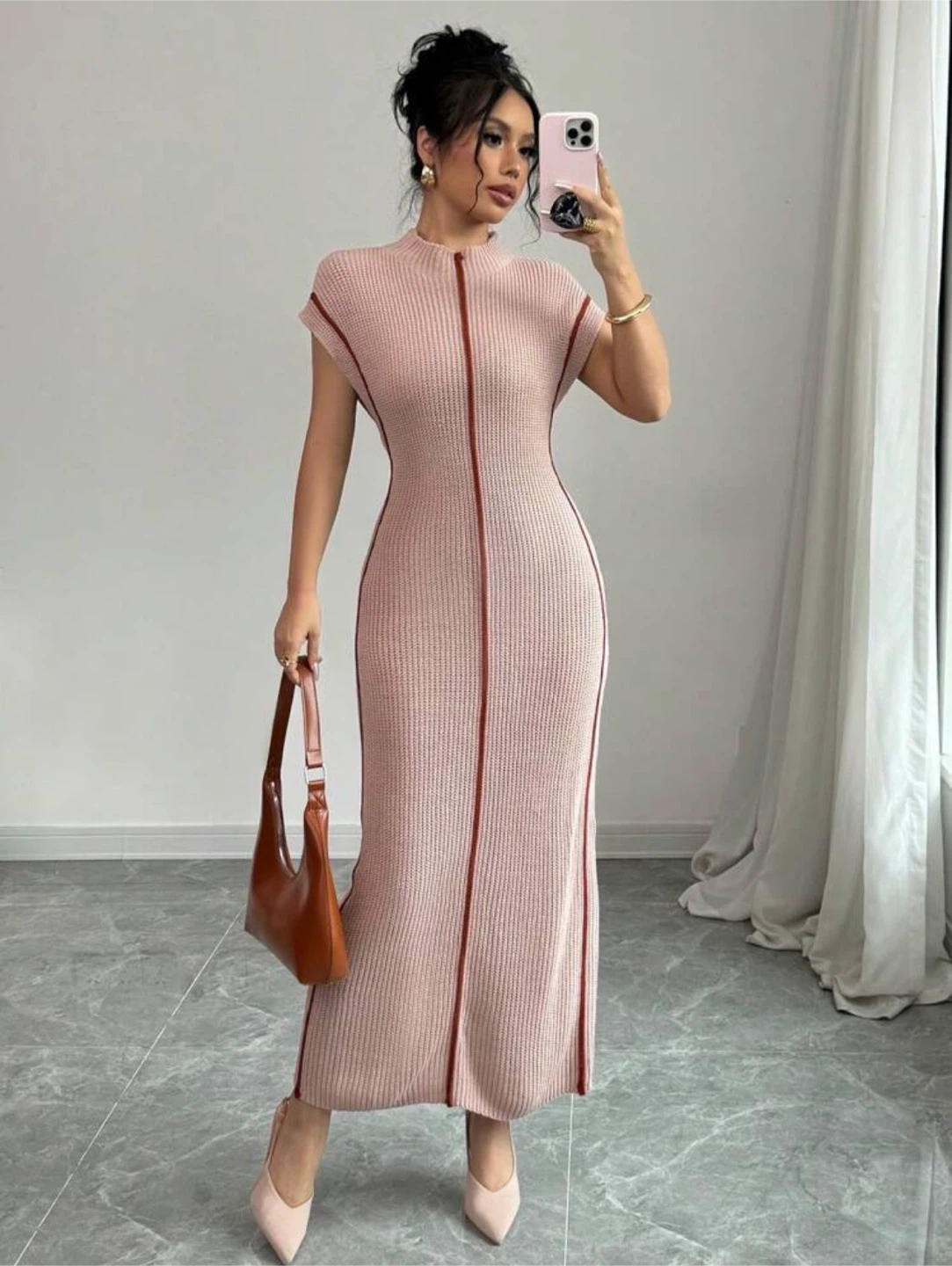Pink Ribbed Knit Midi Dress - photo 2