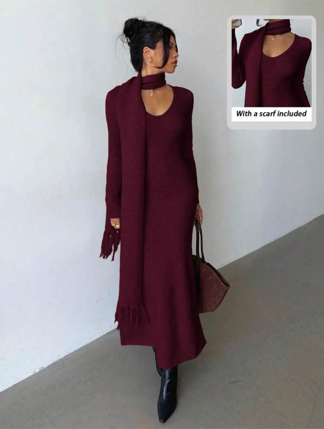 Burgundy Knit Maxi Dress with Scarf