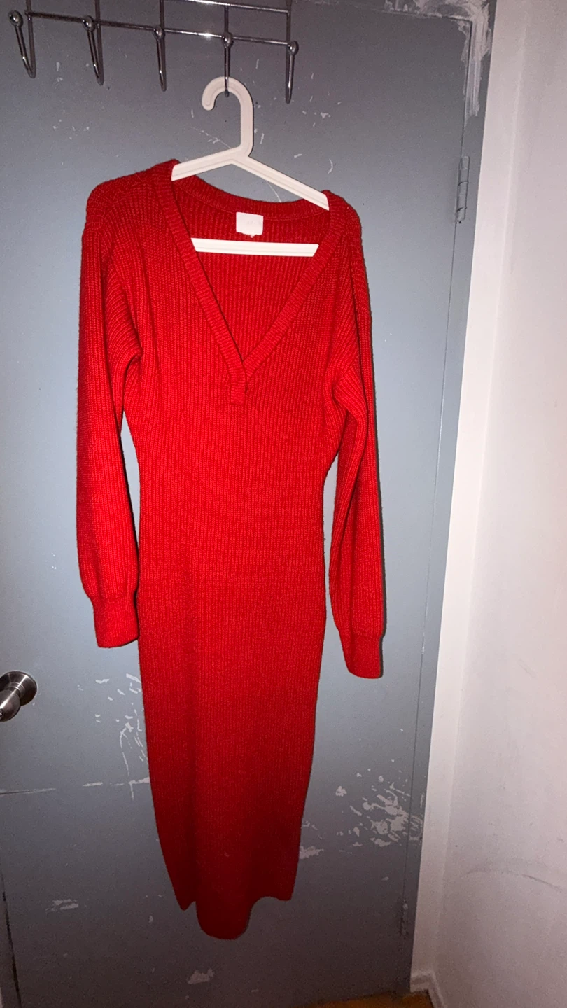 Red Ribbed Knit Midi Dress