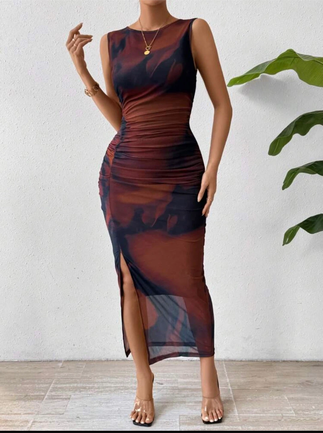 Shein Tie-Dye Ruched Sleeveless Maxi Dress