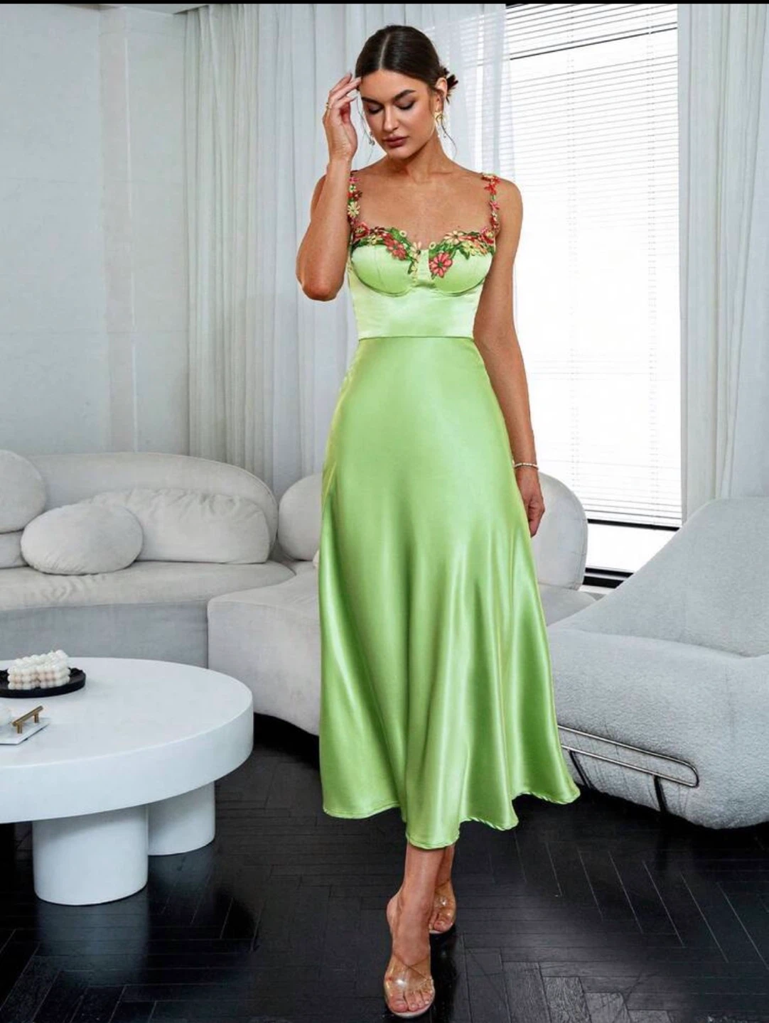 Floral Embroidered Satin Midi Dress