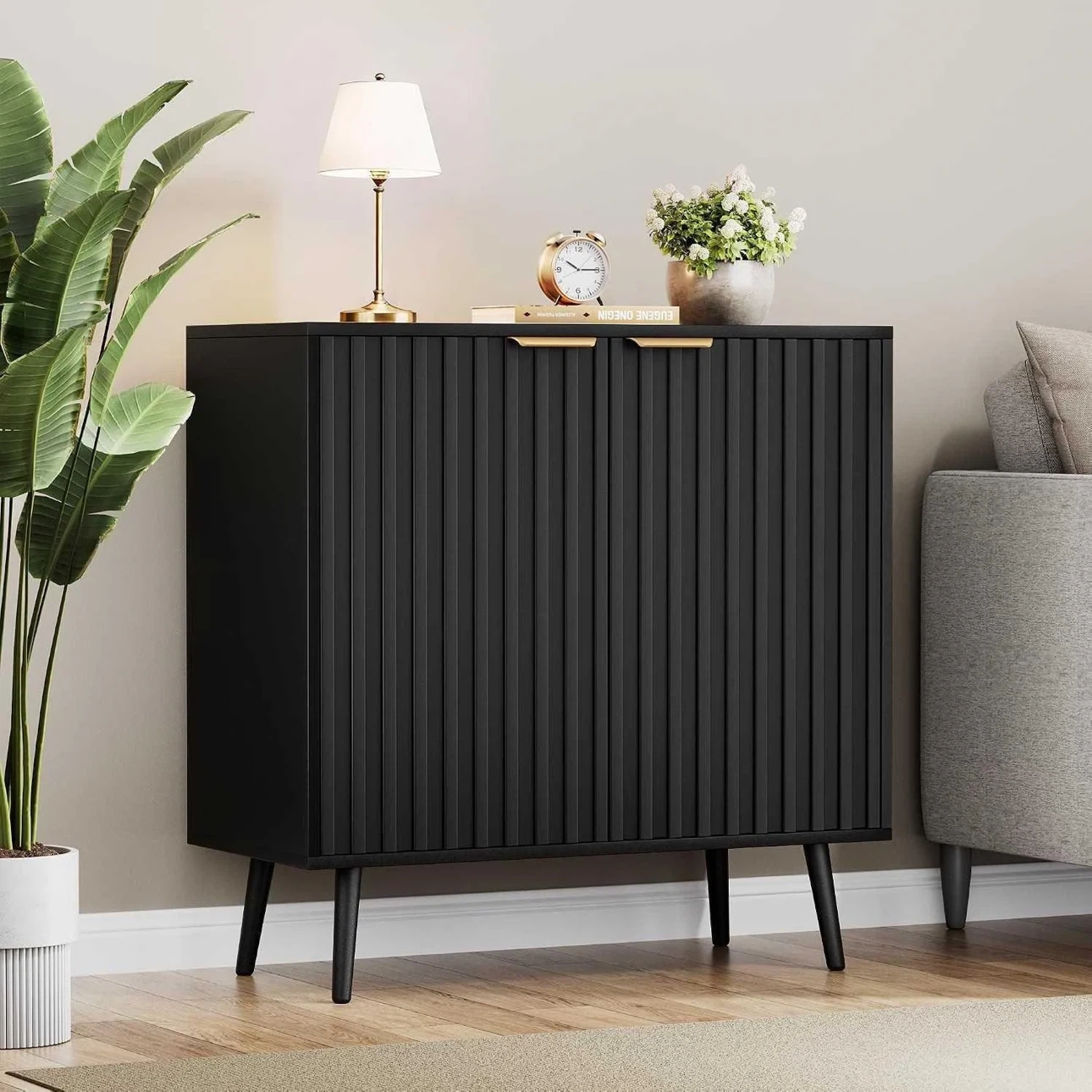 Black Storage Cabinet with Fluted Doors (Brand New in Box)