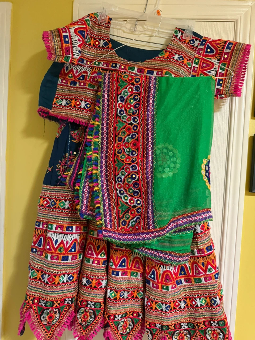 Embroidered Choli and Skirt Set with Green Dupatta