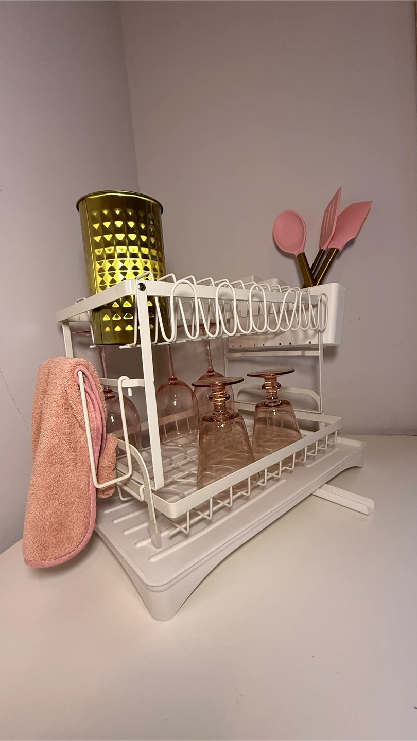 2-Tier White Dish Drying Rack with Drainboard