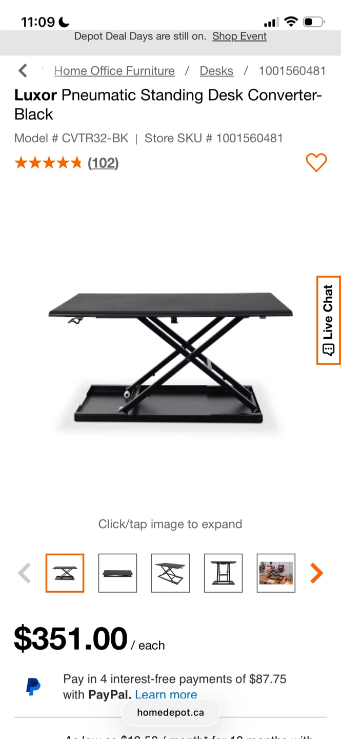 Luxor Pneumatic Standing Desk Converter- Black