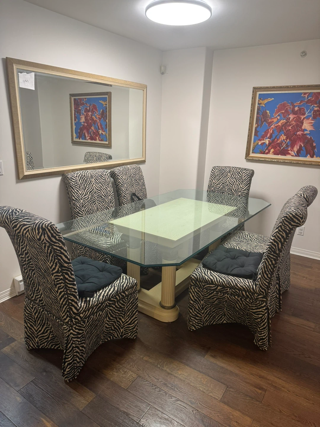 Glass Top Dining Table with 6 Zebra Print Chairs