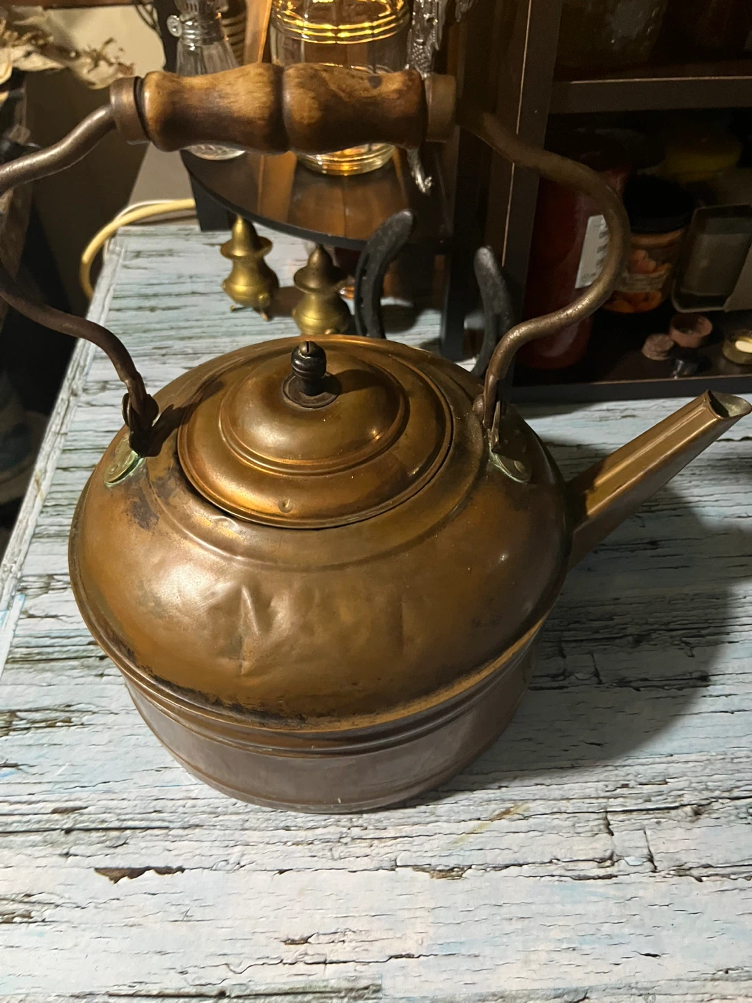 Antique Copper Kettle with Wooden Handle