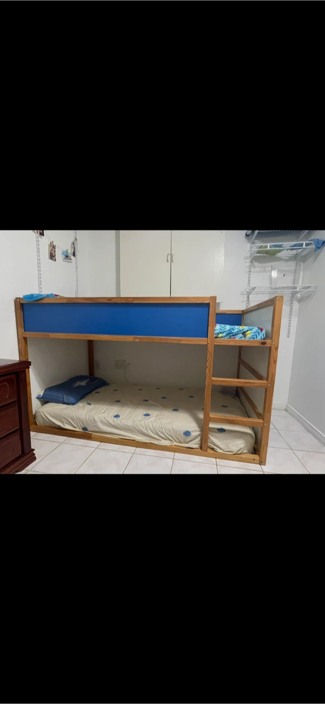 Wooden Bunk Bed with Blue Accents