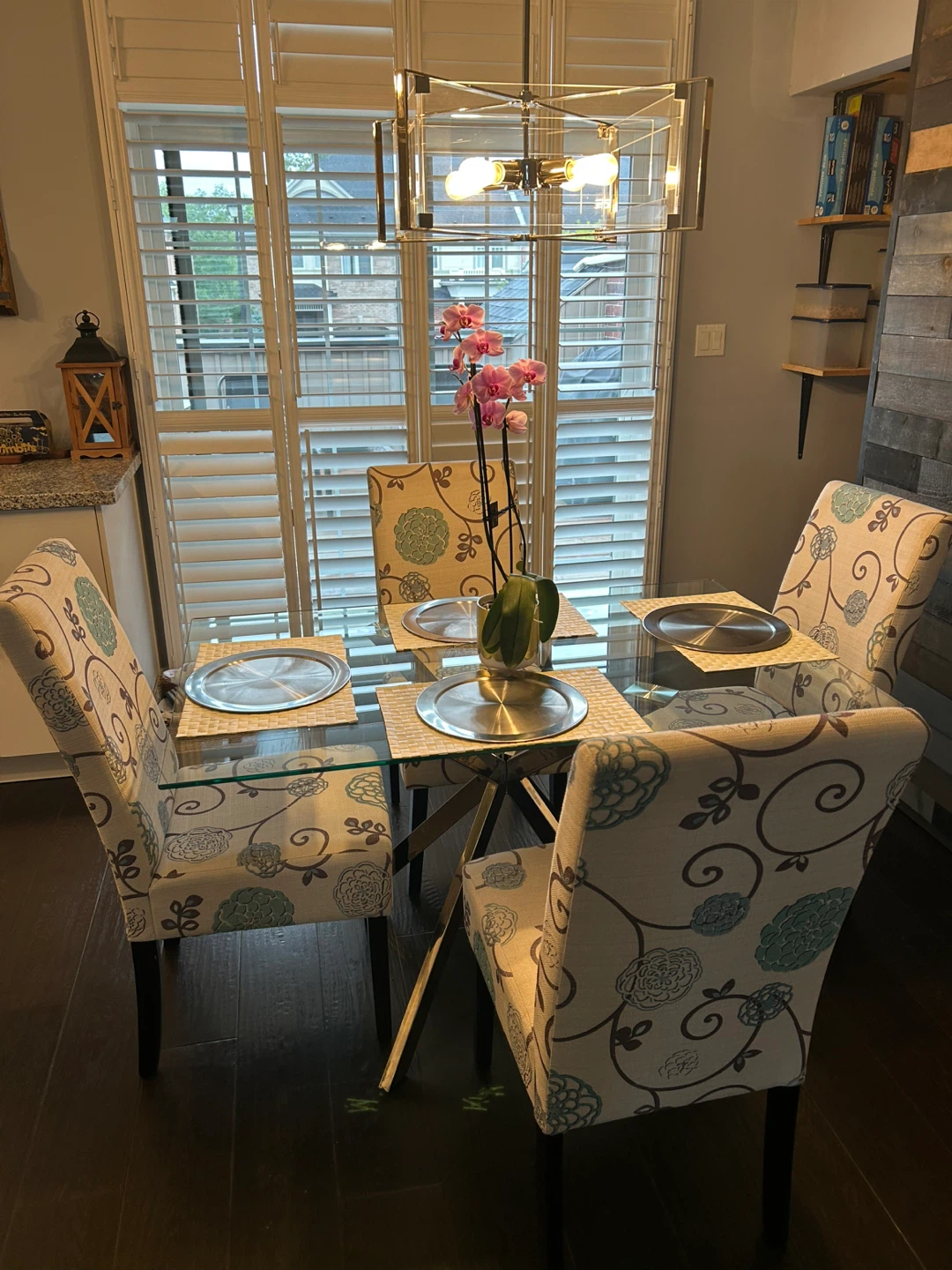 Glass Dining Table and 4 Patterned Chairs