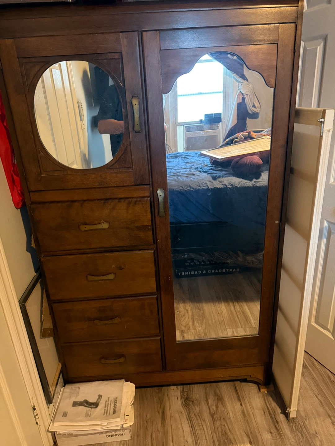 Vintage Wooden Wardrobe with Mirror and Drawers