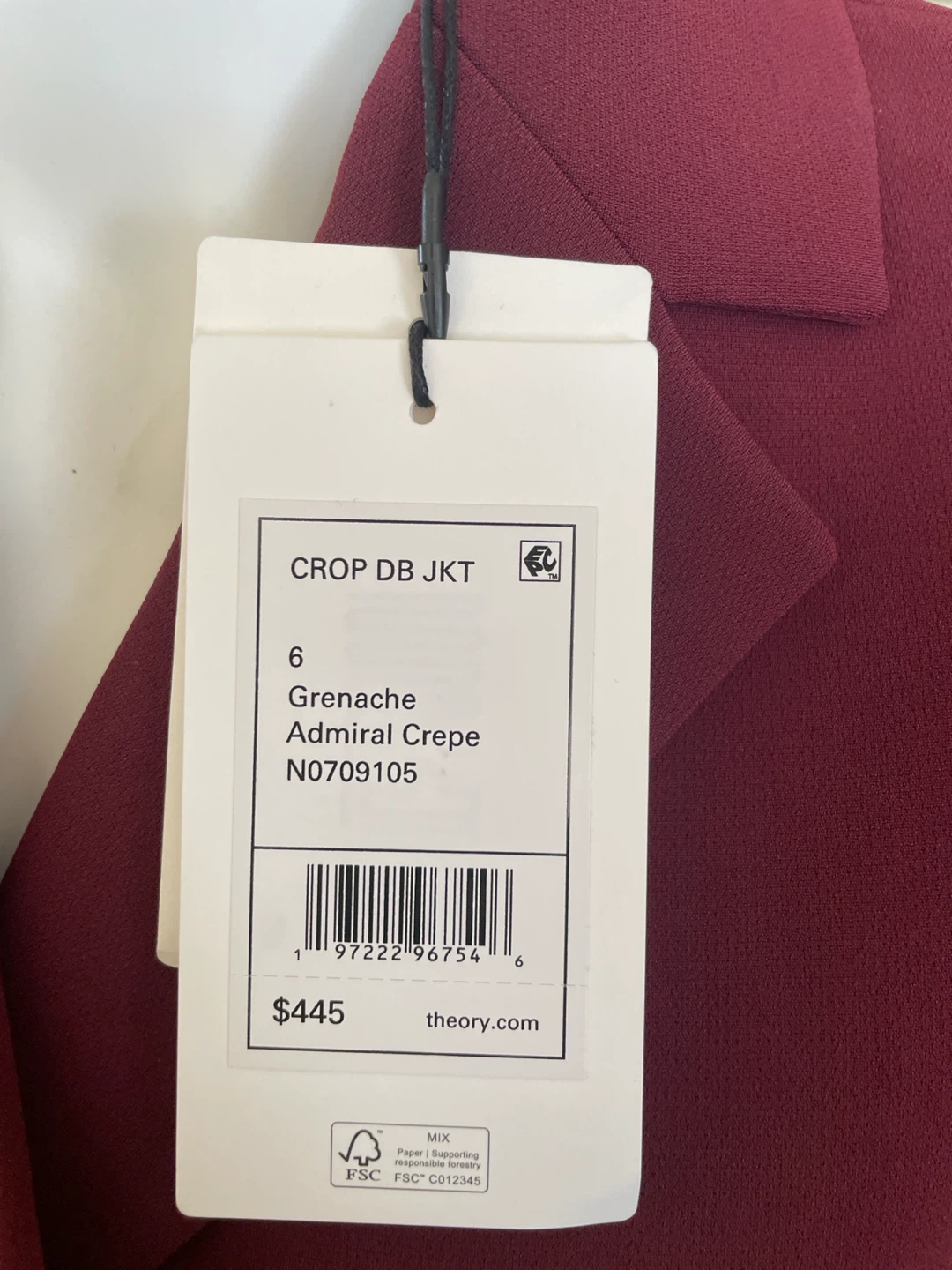 Theory Crop DB Jacket Grenache Admiral Crepe Burgundy Size 6 - photo 5