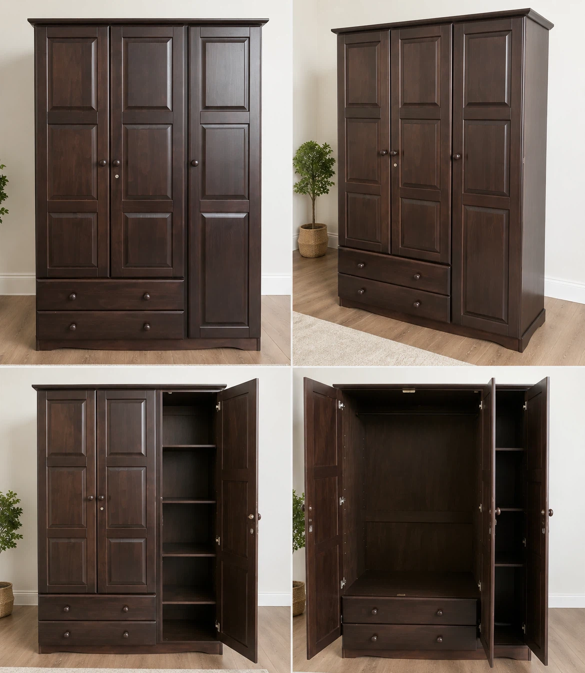 Dark Brown 3-Door Wardrobe with Drawers