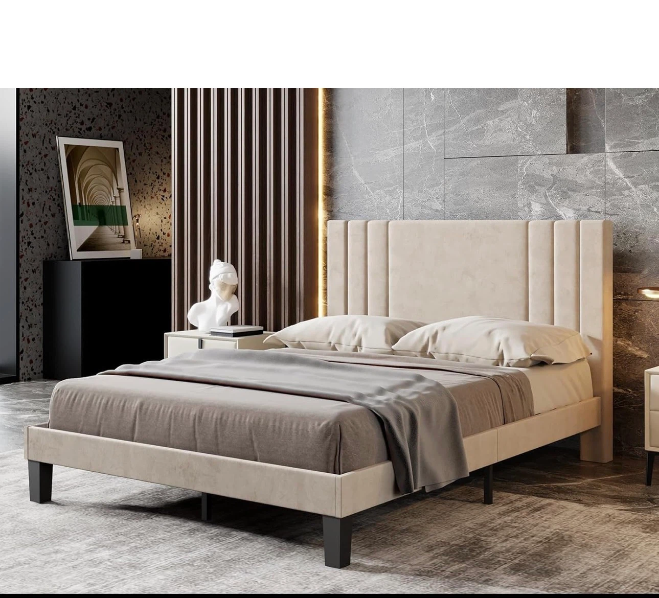 Queen Size Beige Upholstered Bed Frame ( Brand New in Box)