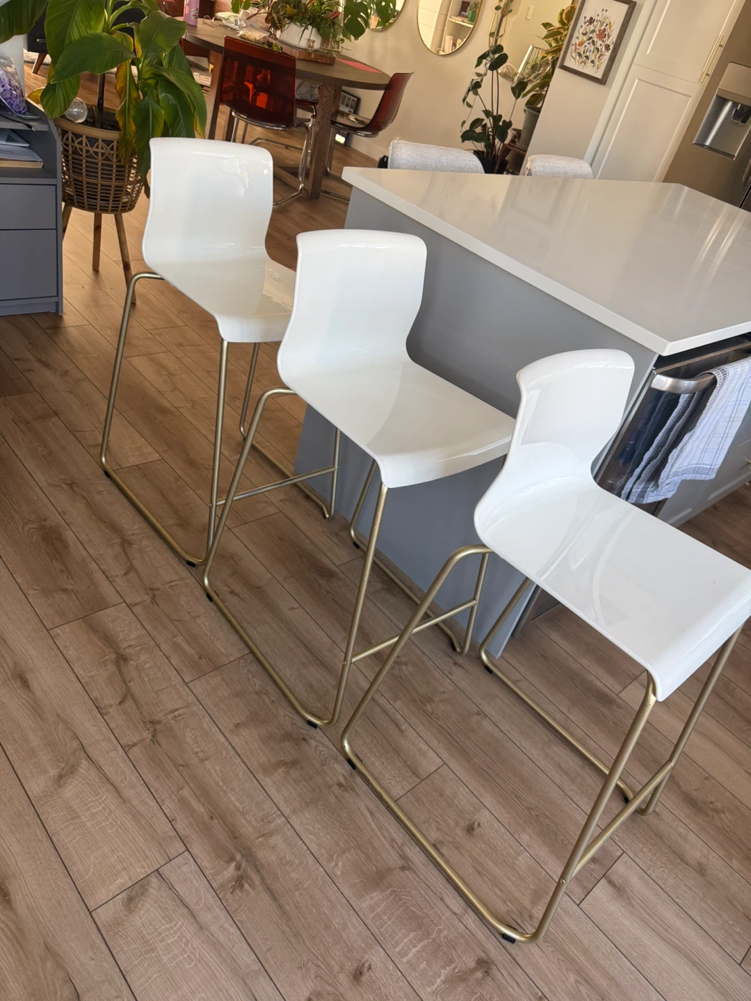 White Bar Stools with Gold Legs (Set of 3)