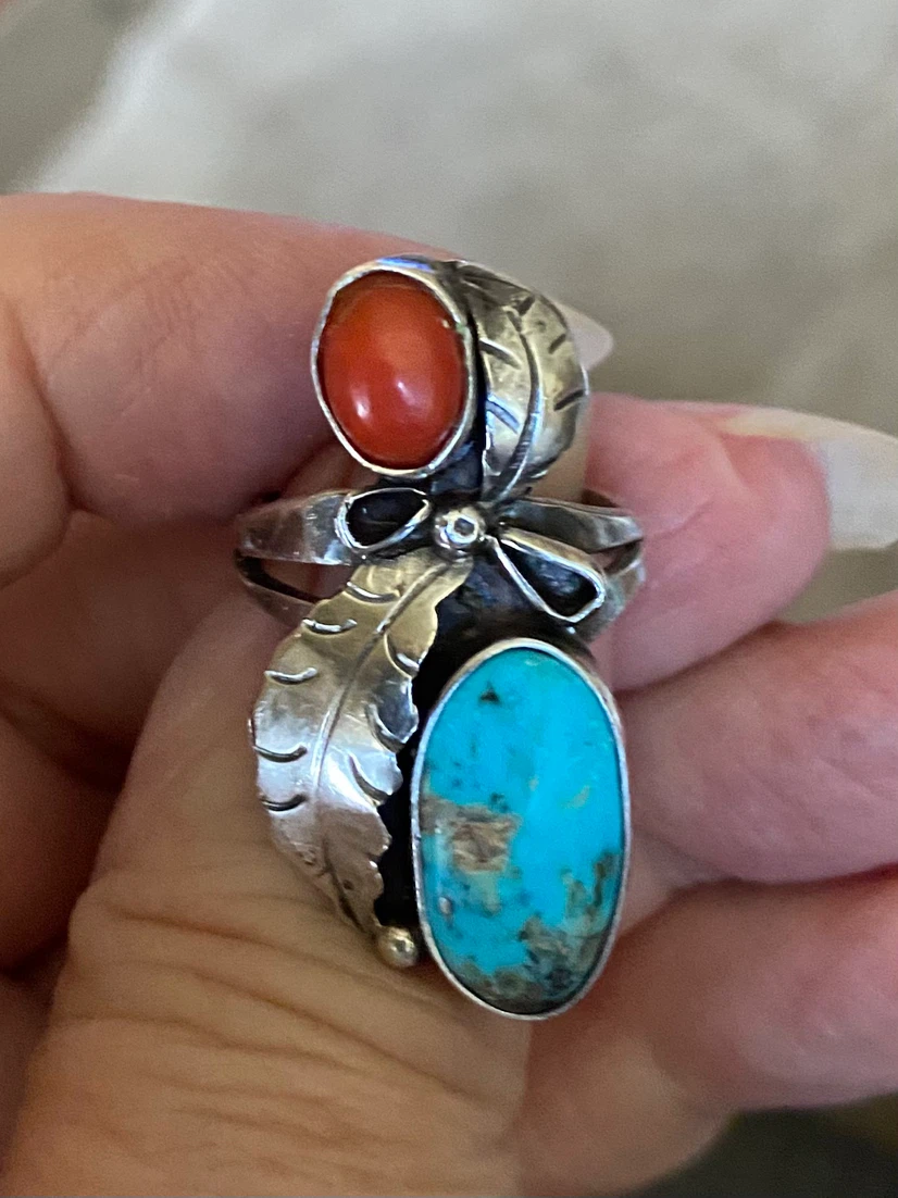 Sterling Silver Turquoise & Coral Ring size 6-6.5