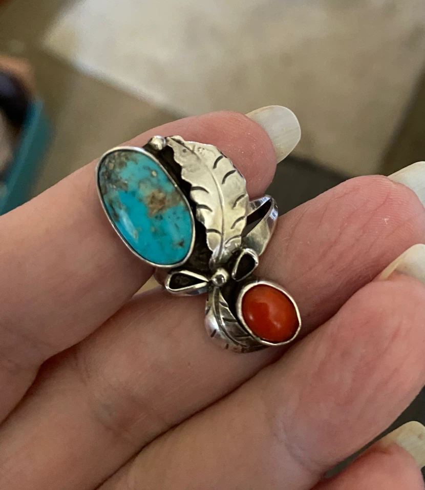 Sterling Silver Turquoise & Coral Ring size 6-6.5 - photo 4