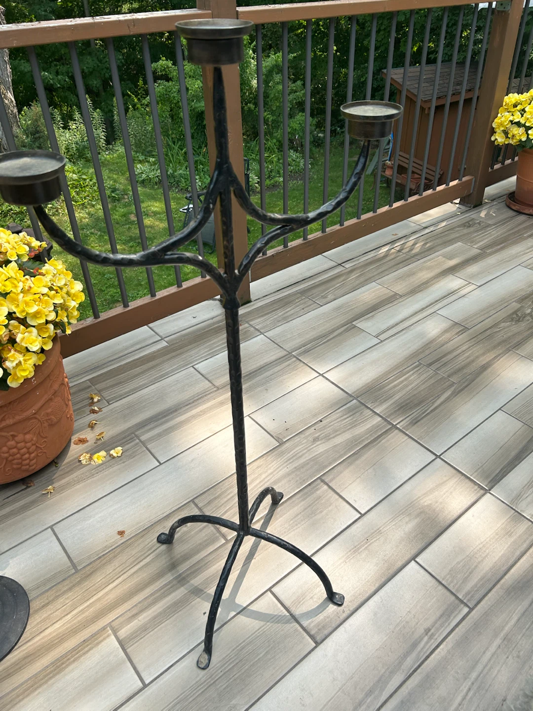 Beautiful vintage Black Wrought Iron Floor 3-Pillar Candelabra