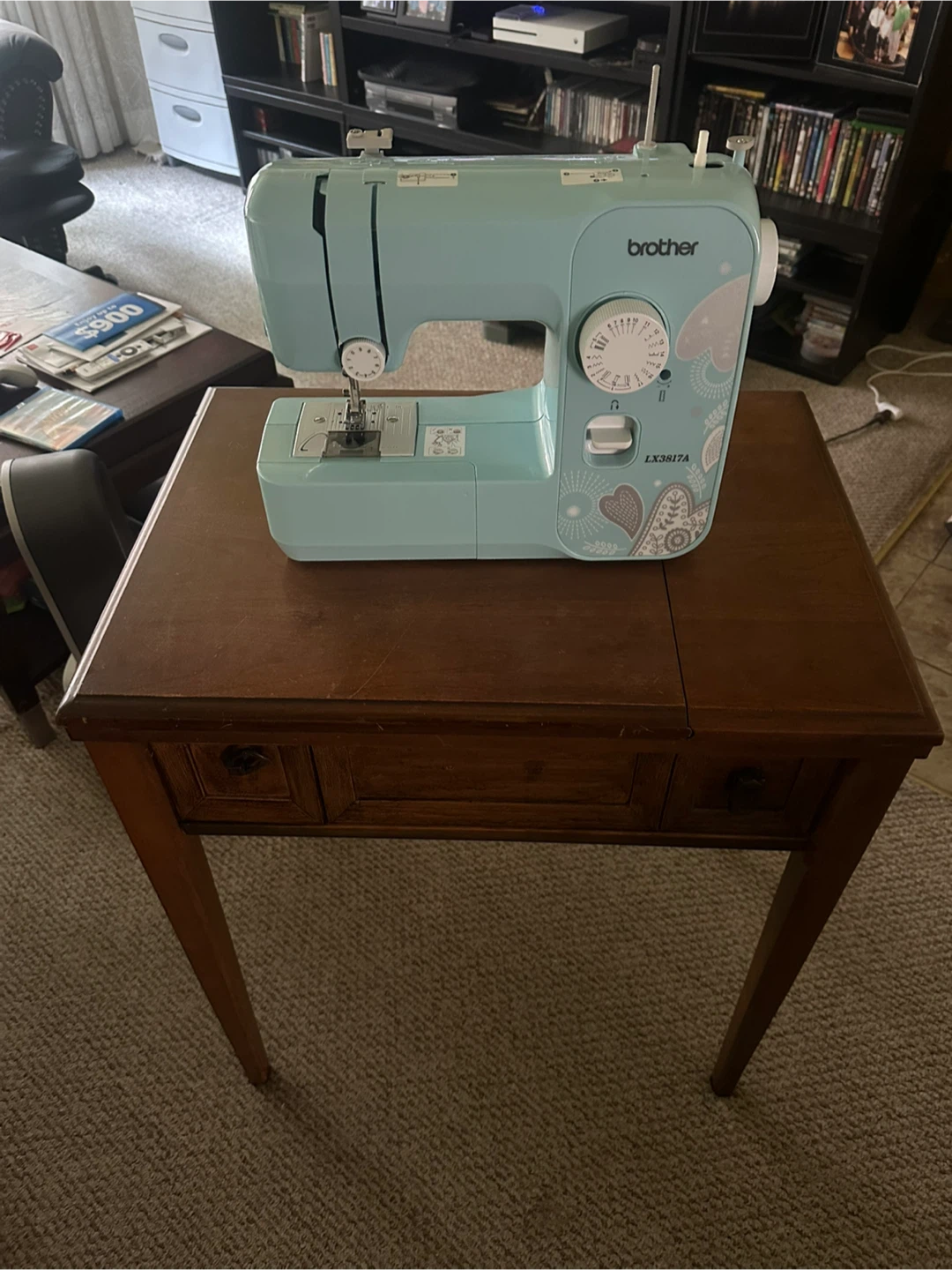 Brother LX3817A Sewing Machine and Wood Cabinet Table