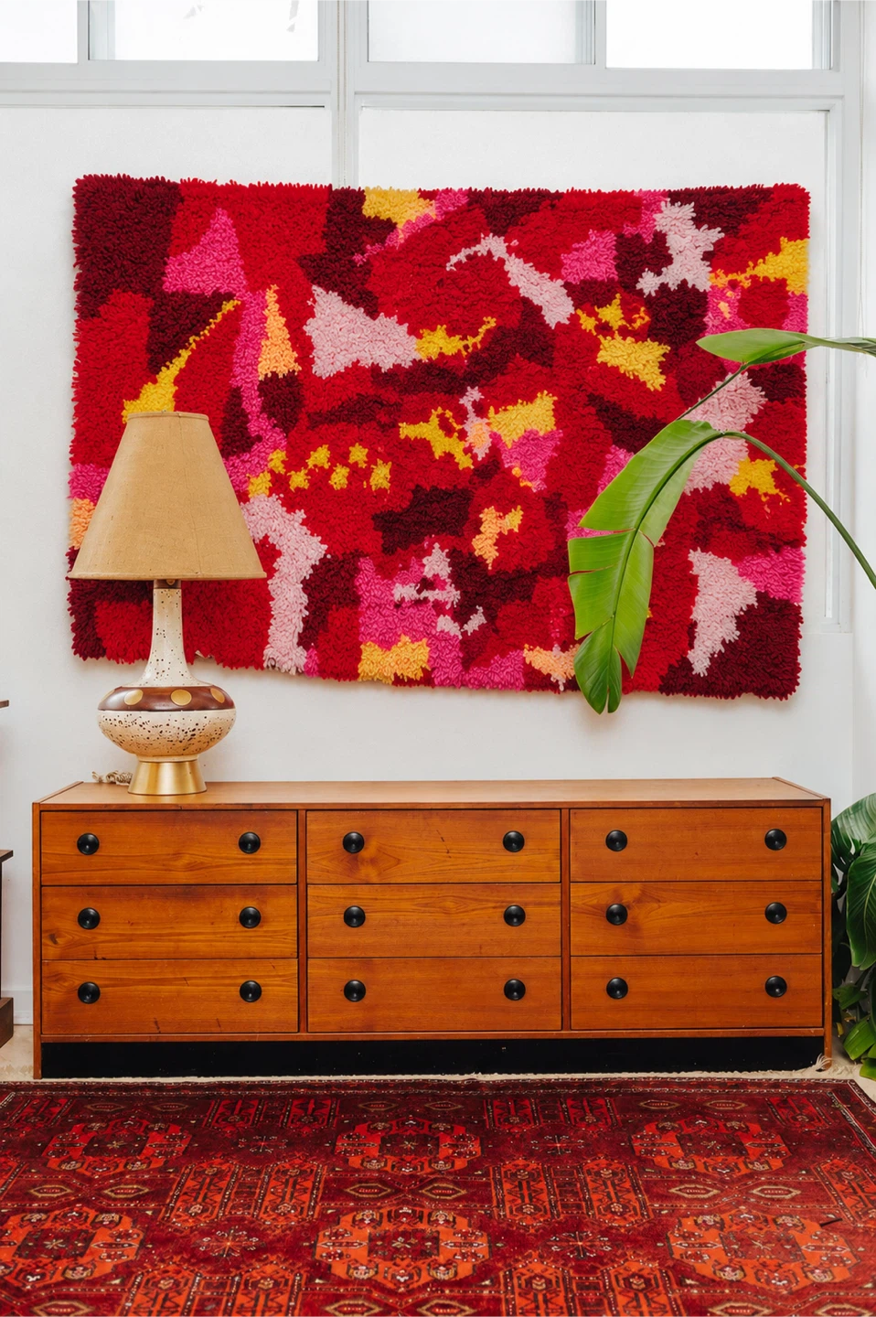 Large 1970s Hand-Hooked Textile Wall Art / Tapestry — 50” × 70”