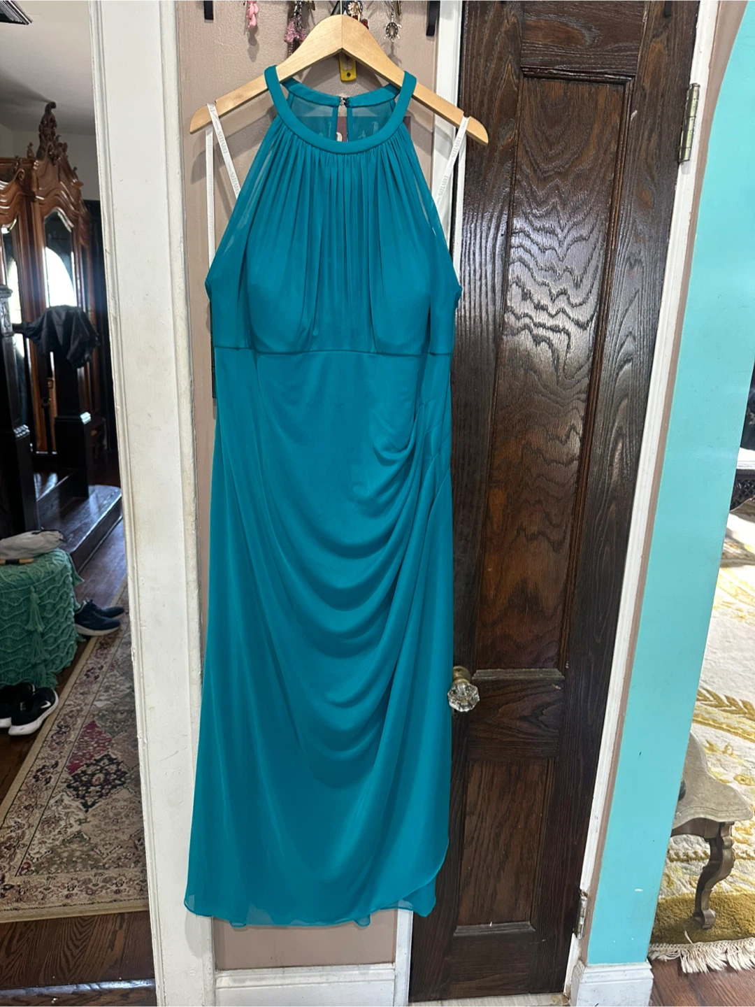 David's Bridal Teal Halter Gown