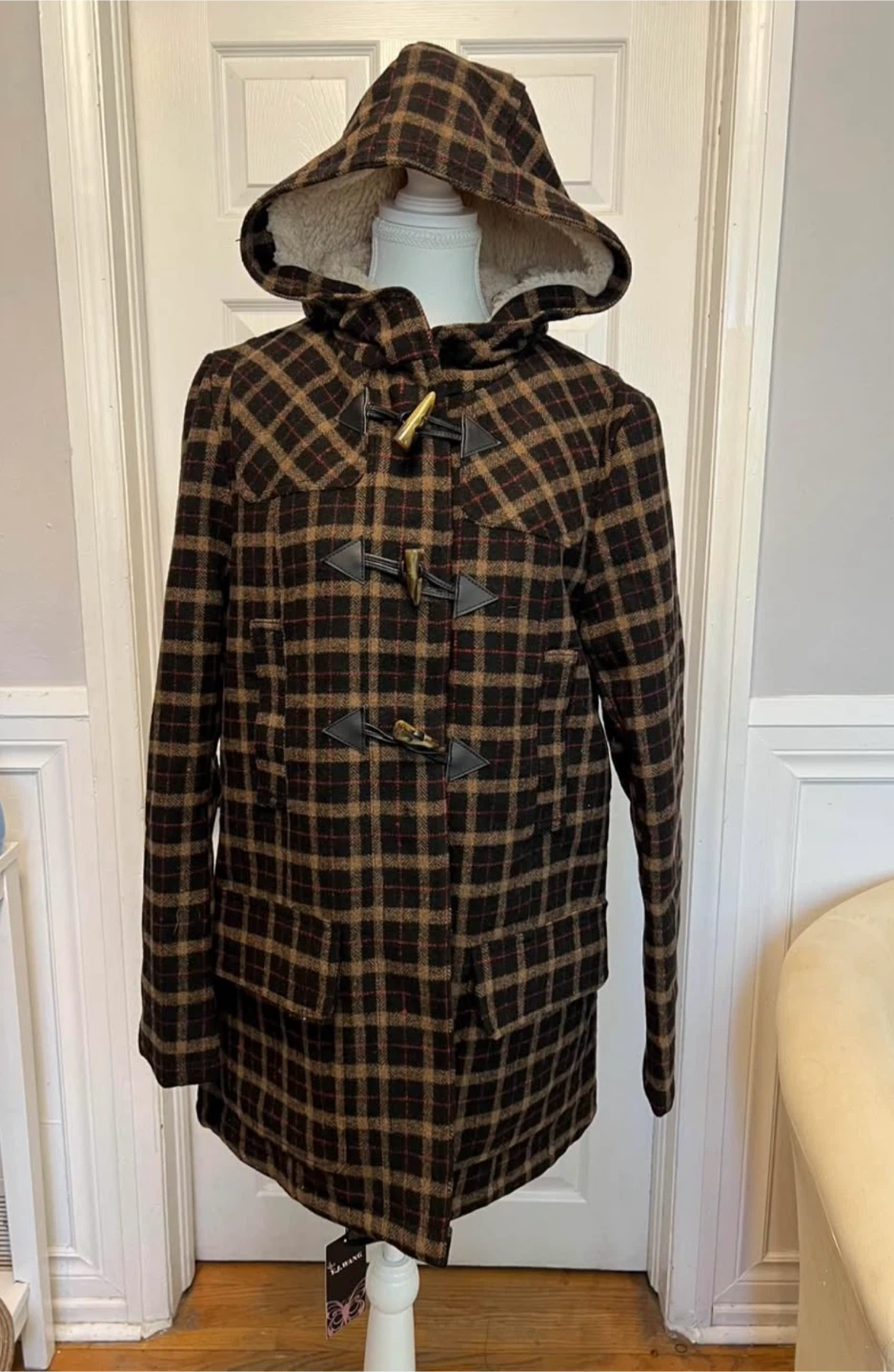 Hooded Plaid Duffle Coat
