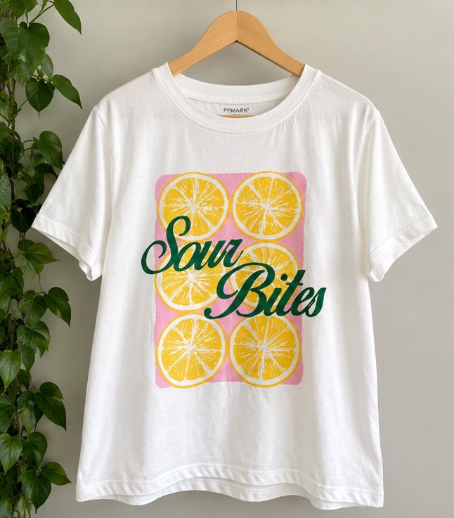 Primark Women’s White “Sour Bites” Lemon Graphic T-Shirt Size M
