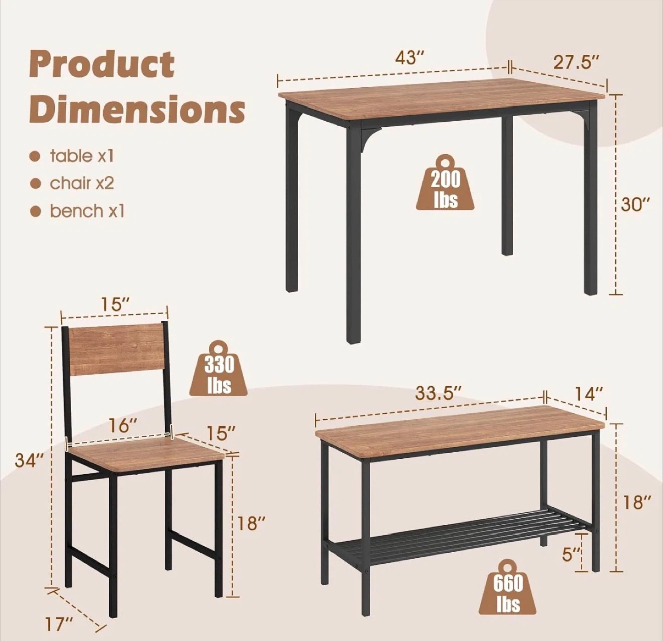 3-Piece Dining Set with Table, 2 Chairs, and Bench